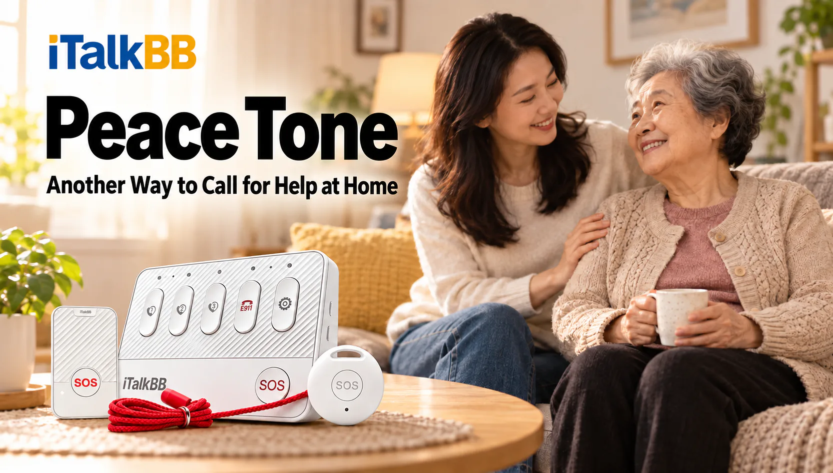 iTalkBB Peace Tone poster showing SOS call-for-help devices on a table beside two women.