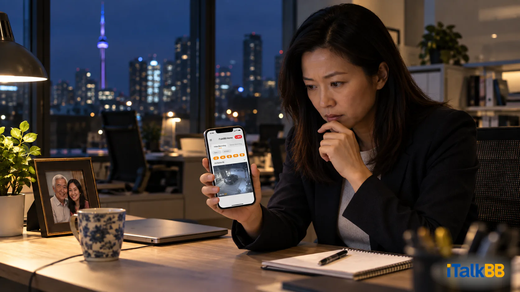 Woman checks a home security camera view on her phone in a Toronto office after dark.