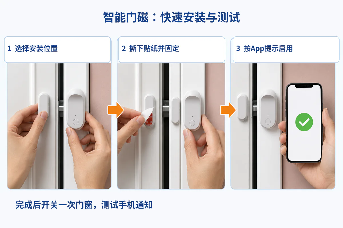 智能门磁安装流程：选择位置、撕下贴纸固定，再按App提示启用并测试手机通知。