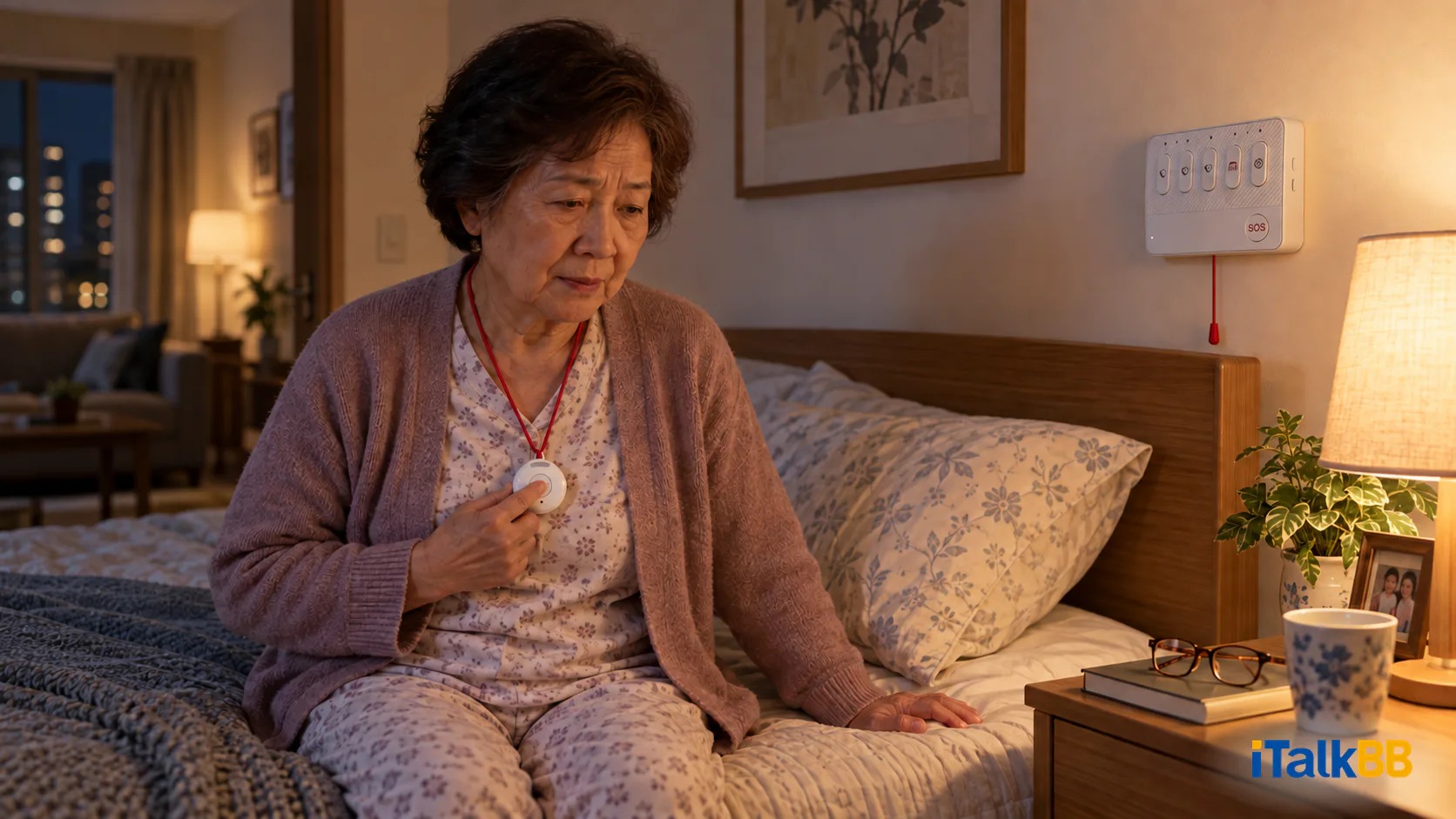 年長女士坐在睡房床邊，按下頸上的求助按鈕；牆上有紅色求助拉繩。