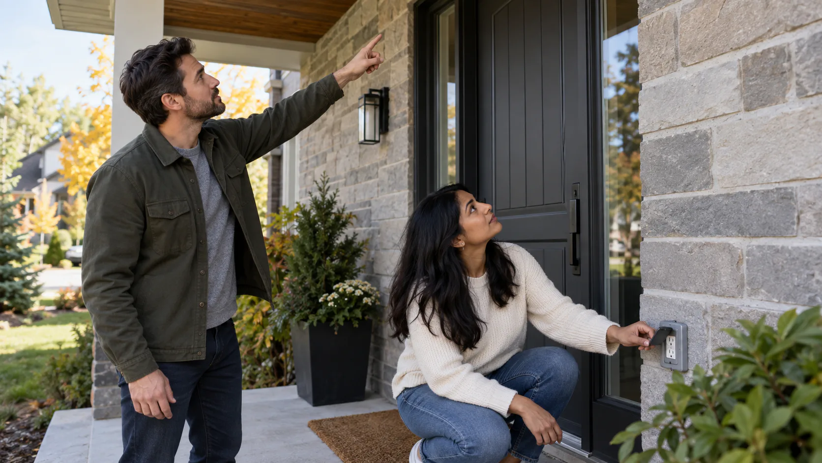 Two homeowners compare a front-door mounting position with the nearby outdoor outlet.