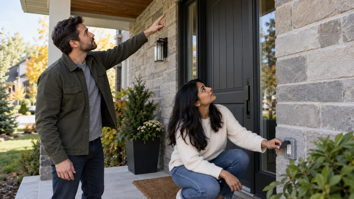 Two homeowners compare a front-door mounting position with the nearby outdoor outlet.