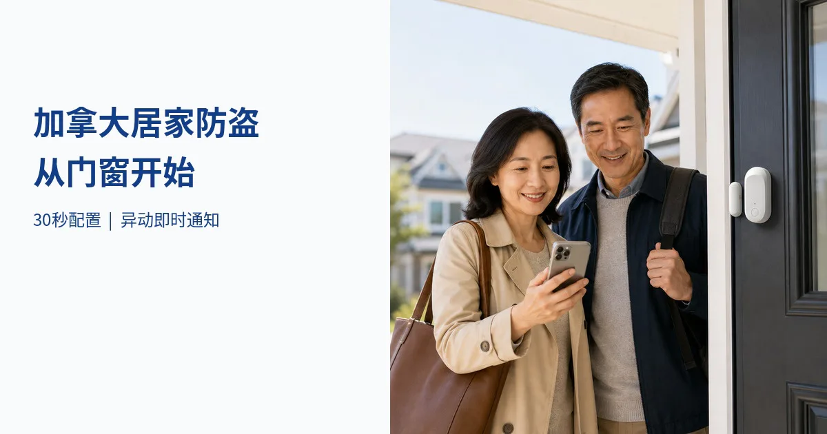 两名成年人在前门旁查看手机，门上装有白色智能门磁；海报强调30秒配置与即时通知。