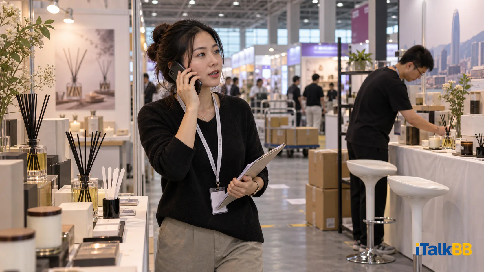 香氛品牌參展人員在展位旁接聽送貨電話。