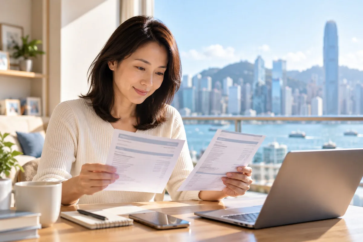 Woman reviews documents beside a laptop overlooking Hong Kong harbour.