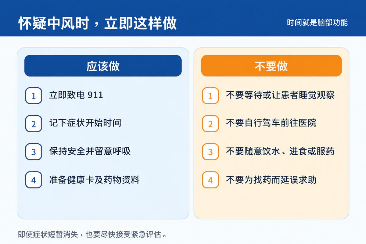 海报提示怀疑中风应立即拨打911、记录时间并保持安全,勿等待或自行驾车