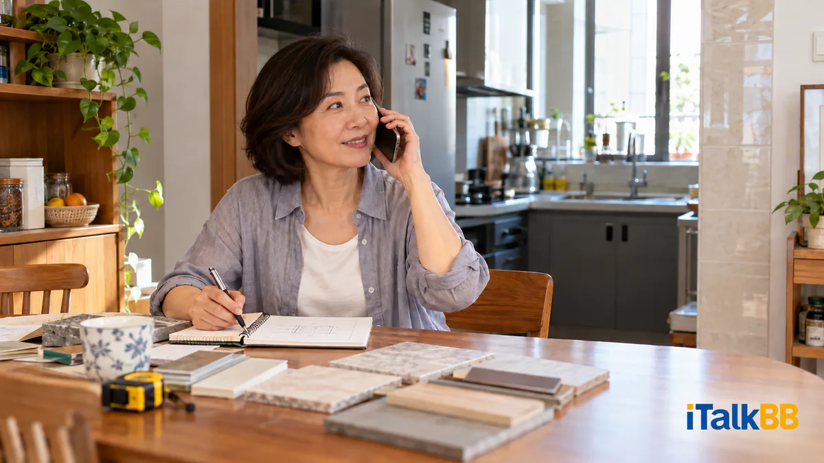 陳女士在廚房旁通電話，桌上放着維修筆記及物料樣本。