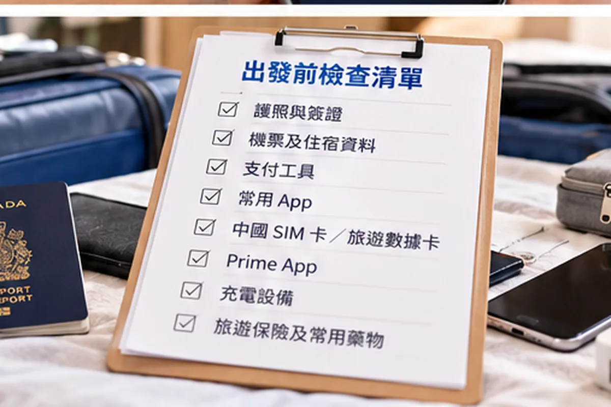 行李旁的出发前检查清单列出护照、机票、支付工具和常用应用