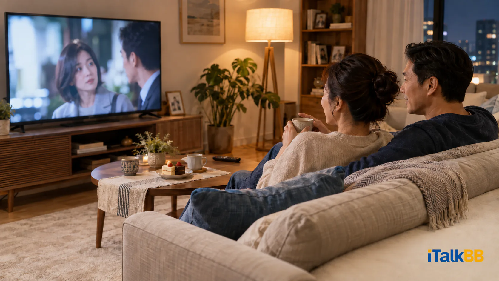 A couple enjoying a drama together in their living room at night