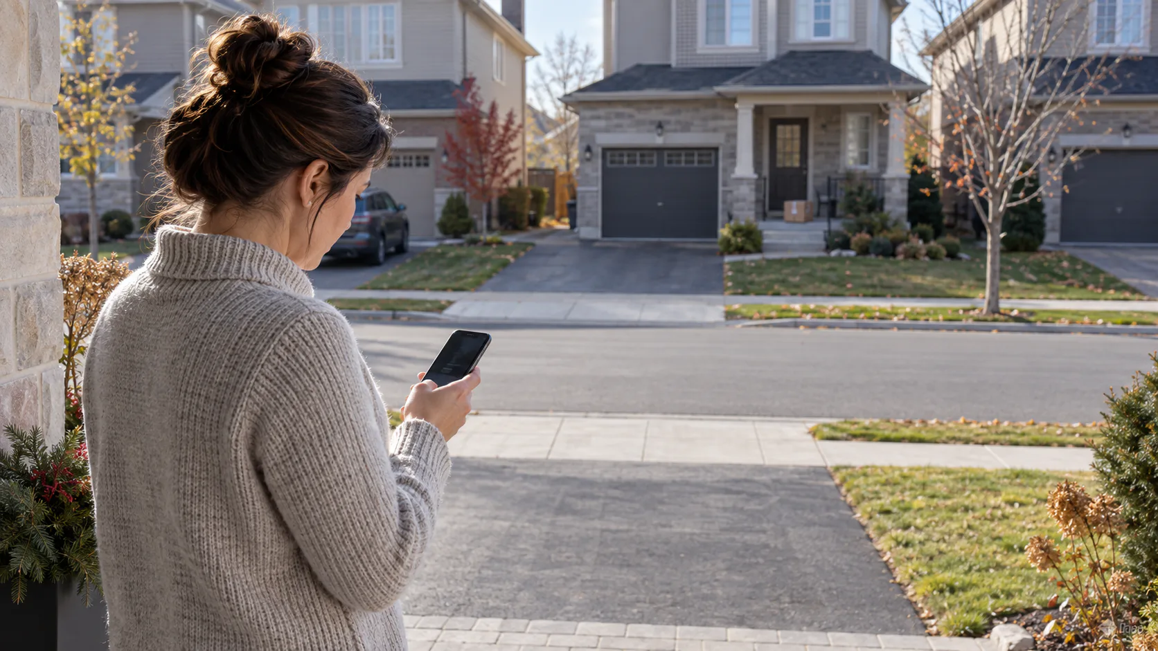 Claire checks a delivery notice at an empty front step; a parcel sits at a similar house across the street.