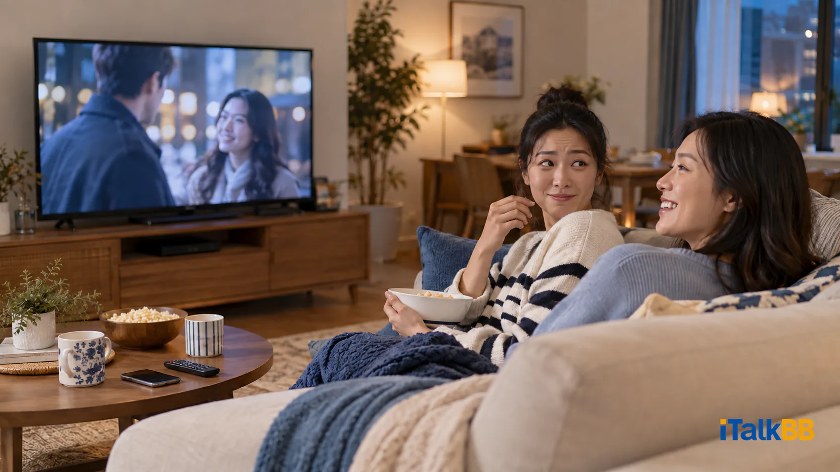 Two women relaxing together and watching a drama on the living-room TV