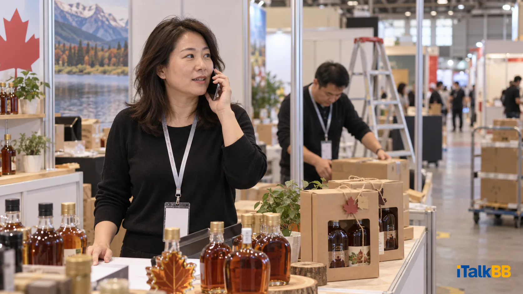 参展人员在枫糖礼品展位旁接听布展电话。
