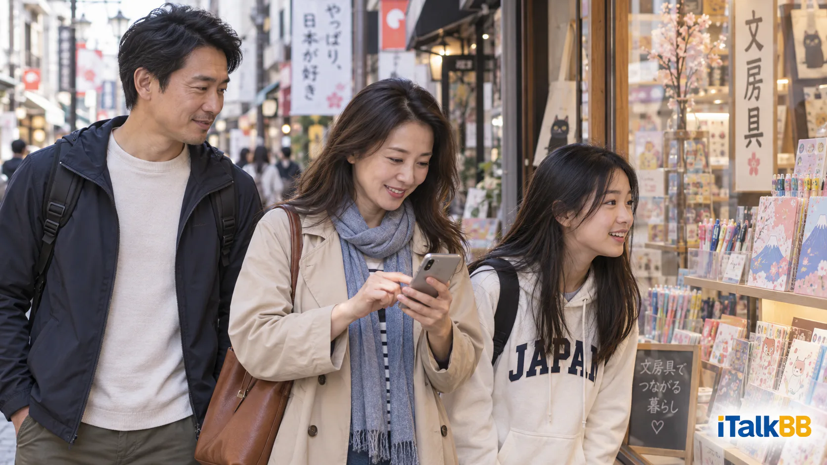 Natalie, Ben and their teenage daughter look for a stationery shop in Japan