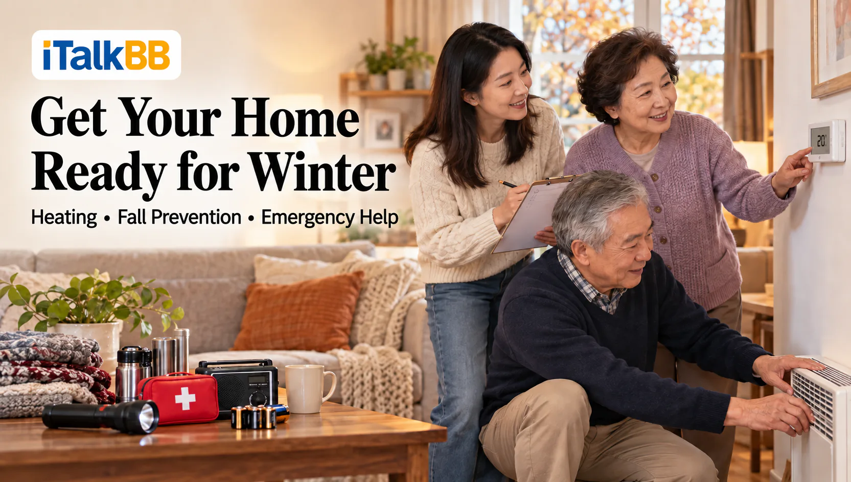 iTalkBB poster: “Get Your Home Ready for Winter,” with heating, fall prevention and emergency help supplies.