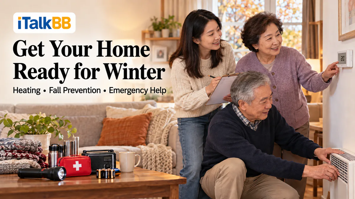 iTalkBB poster: “Get Your Home Ready for Winter,” with heating, fall prevention and emergency help supplies.