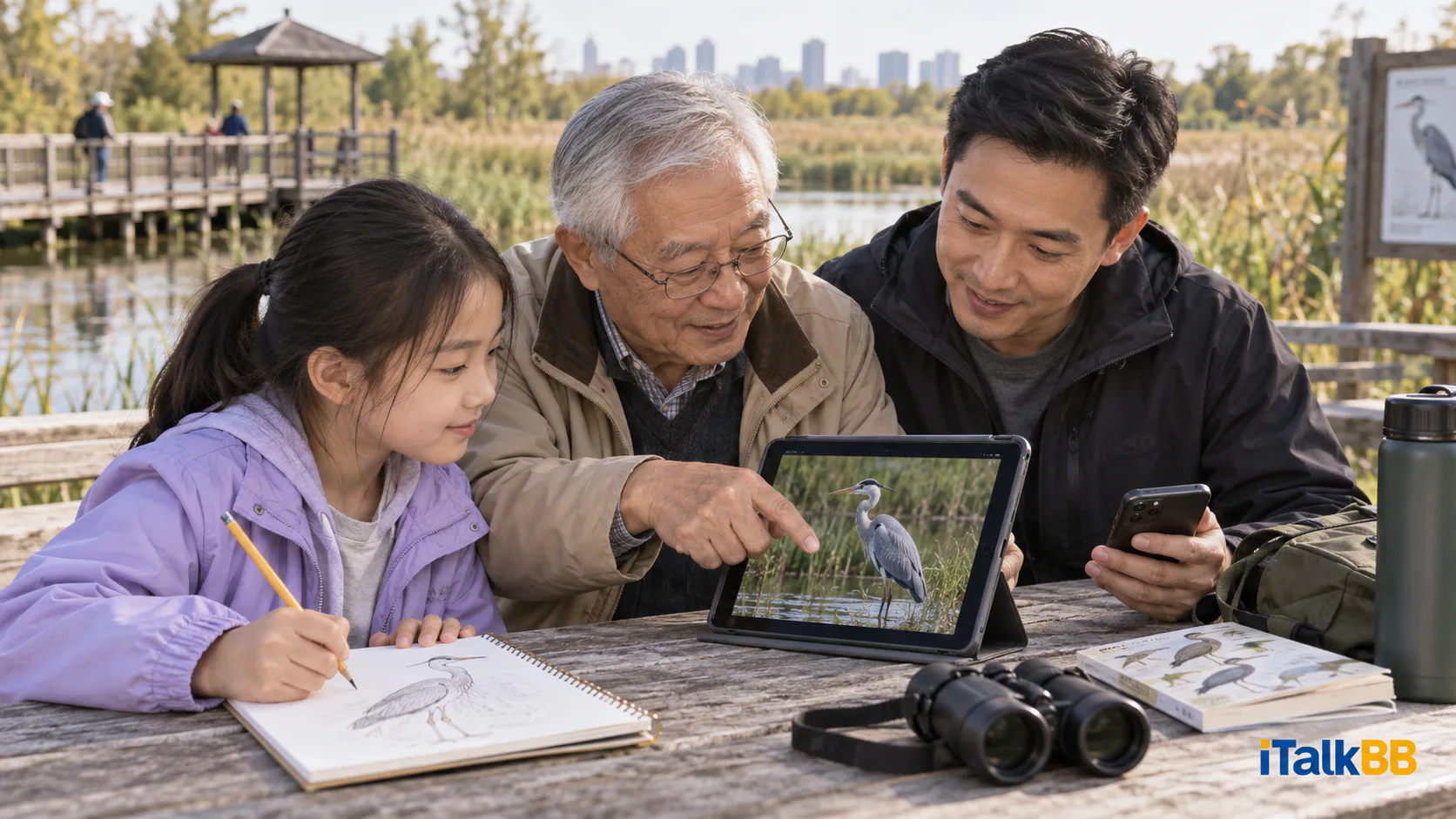 An uncle and grandfather help a girl look up birds on a tablet at a wetland park.
